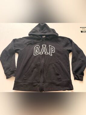 GAP Full Zip Hoodie Size Medium Black Embroidered Logo Fleece Sweatshirt